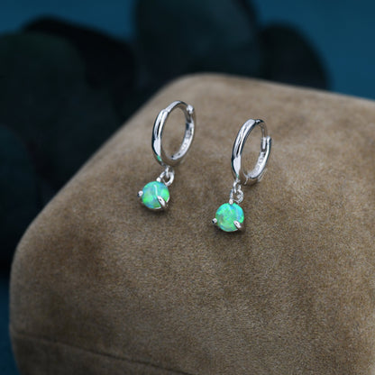 Green Opal Dot Dangle Huggie Hoop Earrings in Sterling Silver, 4mm Tiny Opal Hoops, Opal Hoops, Fire Opal Hoops