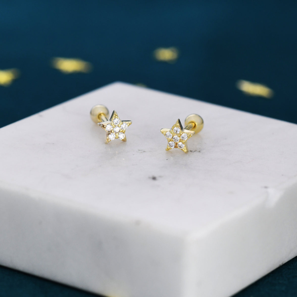 Tiny Star CZ Screw Back Earrings in Sterling Silver, Star CZ Earrings, Silver, Gold and Rose Gold, Flower CZ Earrings