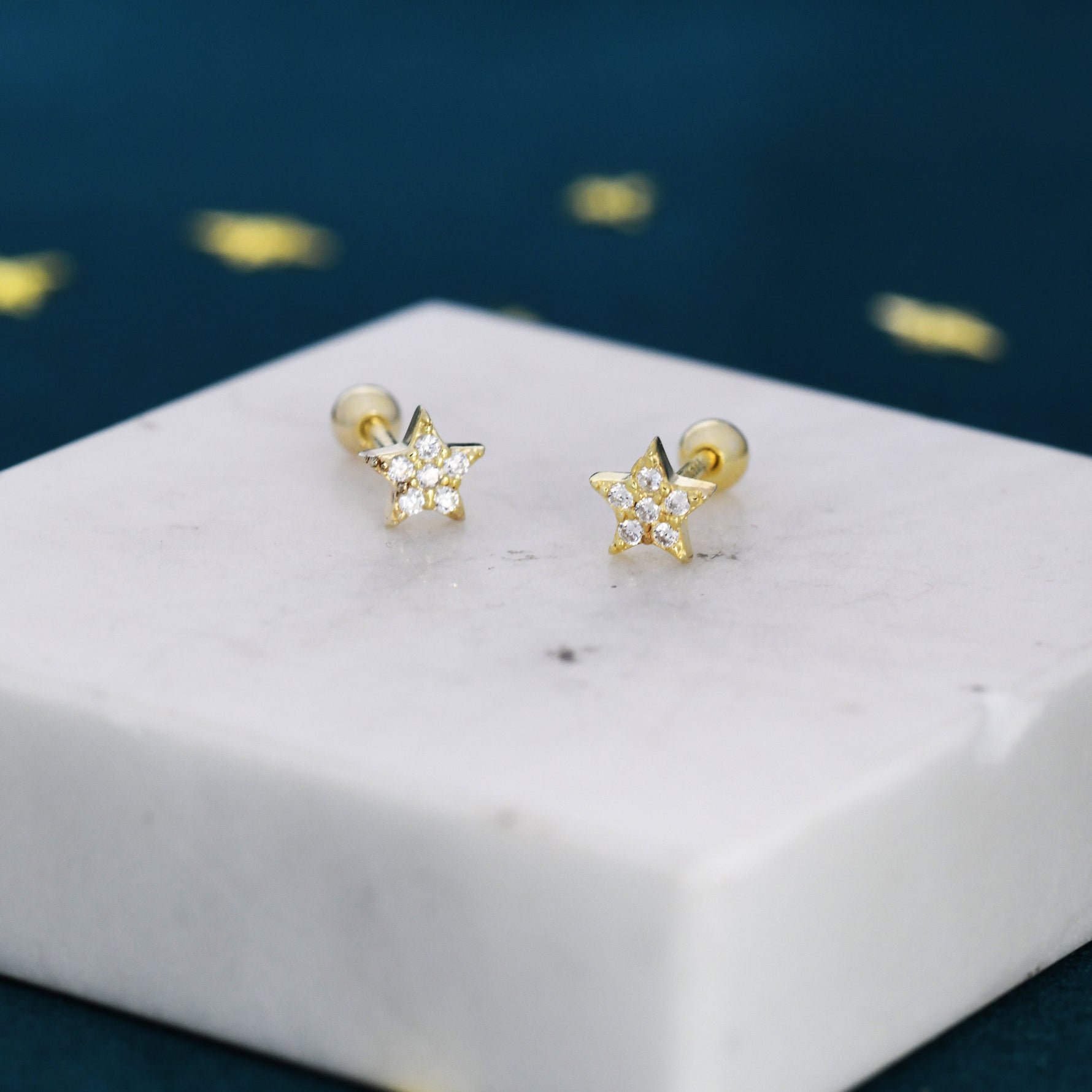 Tiny Star CZ Screw Back Earrings in Sterling Silver, Star CZ Earrings, Silver, Gold and Rose Gold, Flower CZ Earrings
