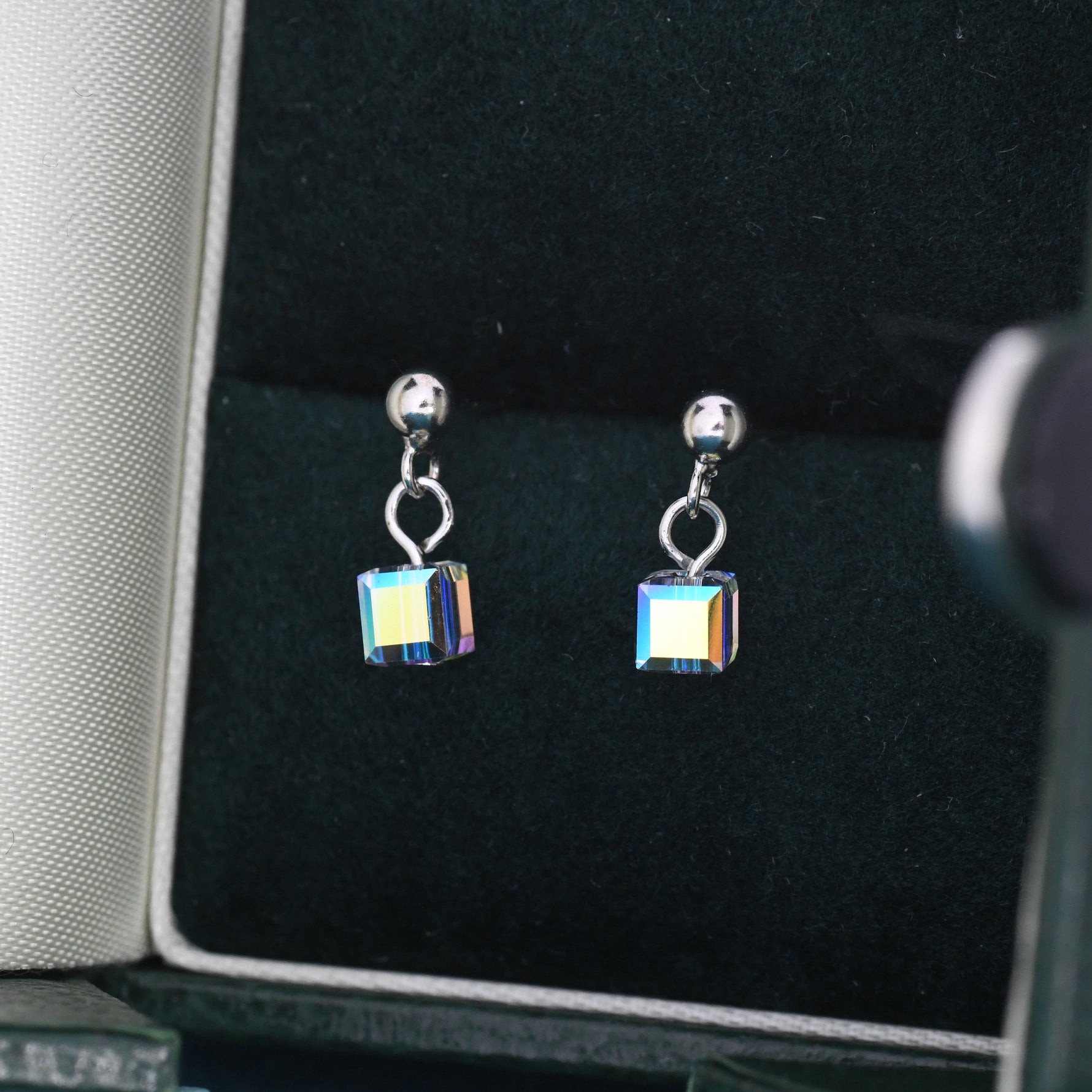Aurora Borealis Cube Drop Stud Earrings in Sterling Silver, AB CZ Cube Earrings, Aurora Colour Changing Square Earrings