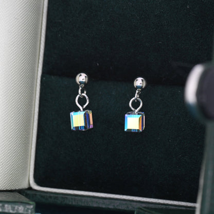 Aurora Borealis Cube Drop Stud Earrings in Sterling Silver, AB CZ Cube Earrings, Aurora Colour Changing Square Earrings