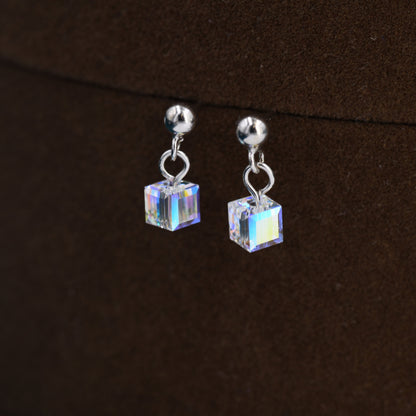 Aurora Borealis Cube Drop Stud Earrings in Sterling Silver, AB CZ Cube Earrings, Aurora Colour Changing Square Earrings