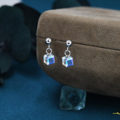 Aurora Borealis Cube Drop Stud Earrings in Sterling Silver, AB CZ Cube Earrings, Aurora Colour Changing Square Earrings