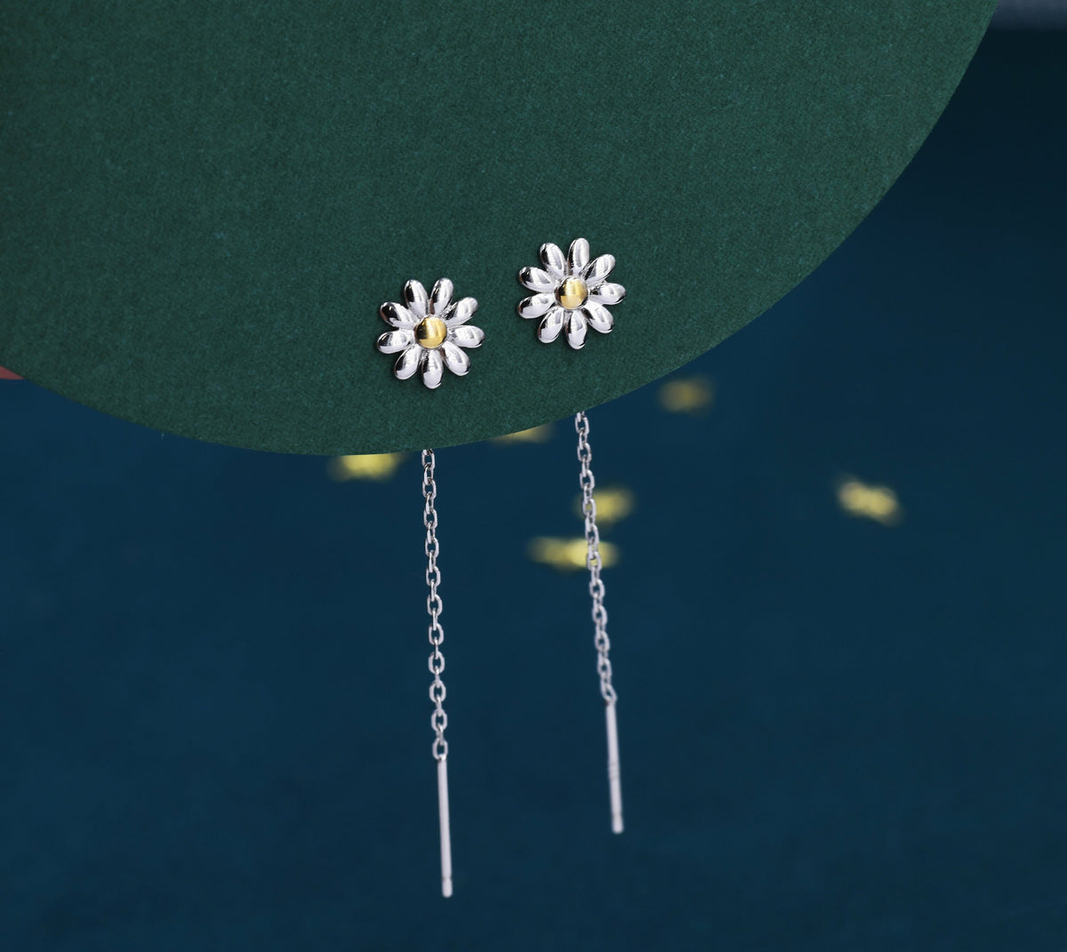 Daisy Chain Threader Earrings in Sterling Silver, Daisy Flower with Dangle Chain Earrings, Flower Chain Earrings