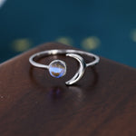 Sterling Silver Moonstone Moon Ring, Full Moon and Cresent Moon, Adjustable Sized Ring, Open Ring, Stacking Rings, Simulated Moonstone Ring