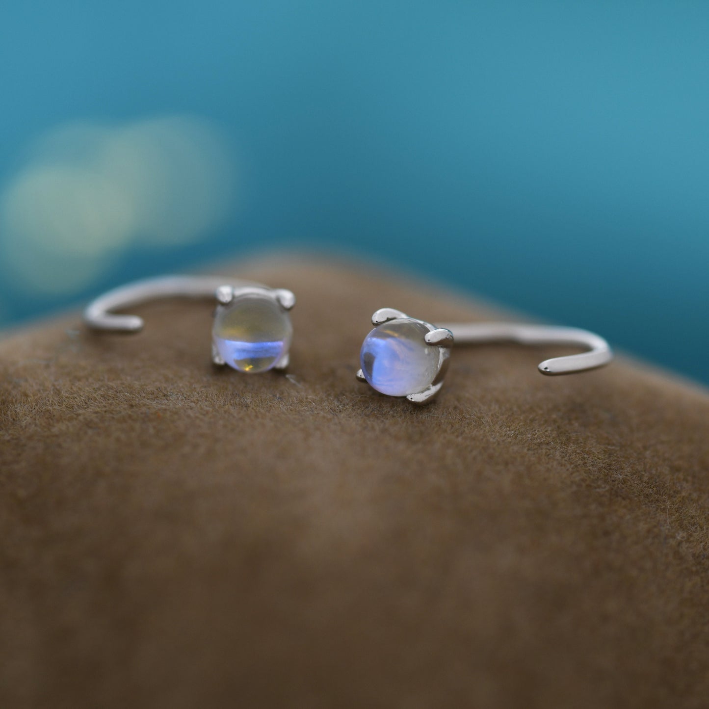 Colour Changing Crystal Huggie Hoop Threader Earrings in Sterling Silver, Simulated Moonstone, 4mm, Pull Through Open Hoops