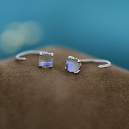 Colour Changing Crystal Huggie Hoop Threader Earrings in Sterling Silver, Simulated Moonstone, 4mm, Pull Through Open Hoops