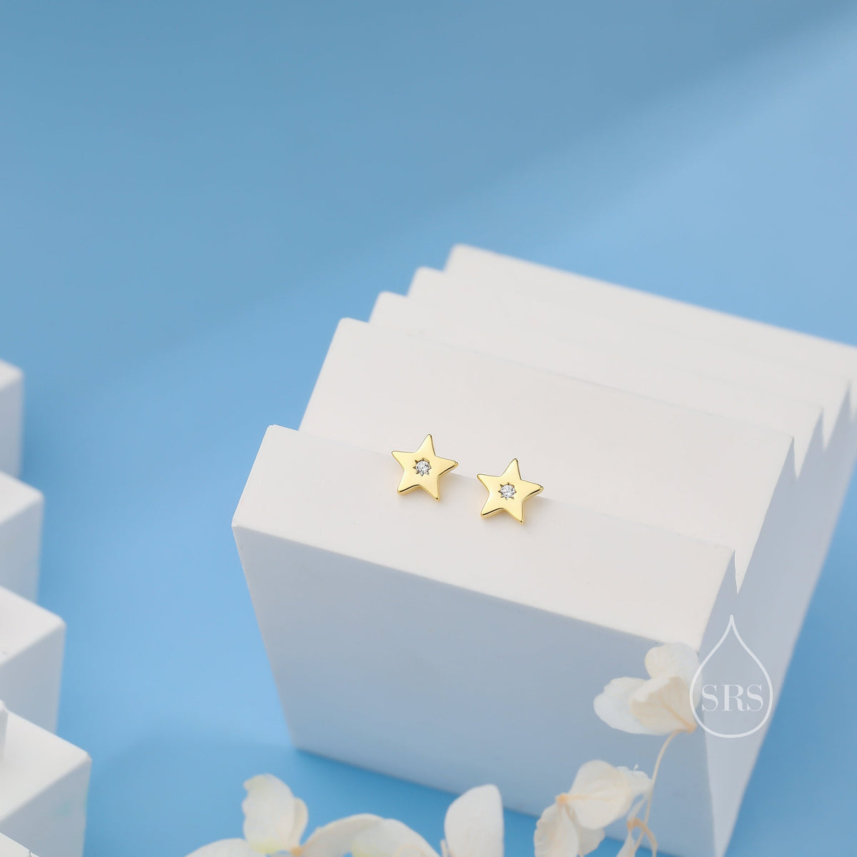 Tiny Star with Starburst Stud Earrings in Sterling Silver, Silver, Gold or Rose Gold, Small Star Earrings, Celestial Jewellery