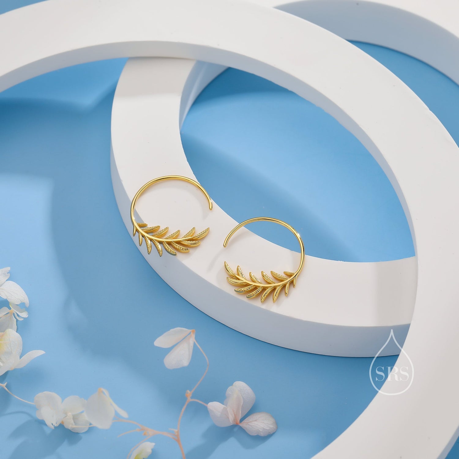 Sterling Silver Olive Leaf Open Hoops, Dainty Leaf Large Threader Hoops, Olive Branch Thread Through Hoops, Large Leaf Hoops