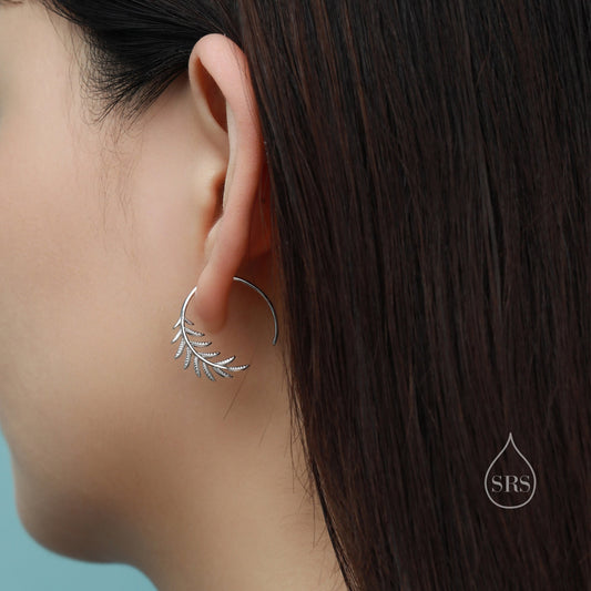 Sterling Silver Olive Leaf Open Hoops, Dainty Leaf Large Threader Hoops, Olive Branch Thread Through Hoops, Large Leaf Hoops