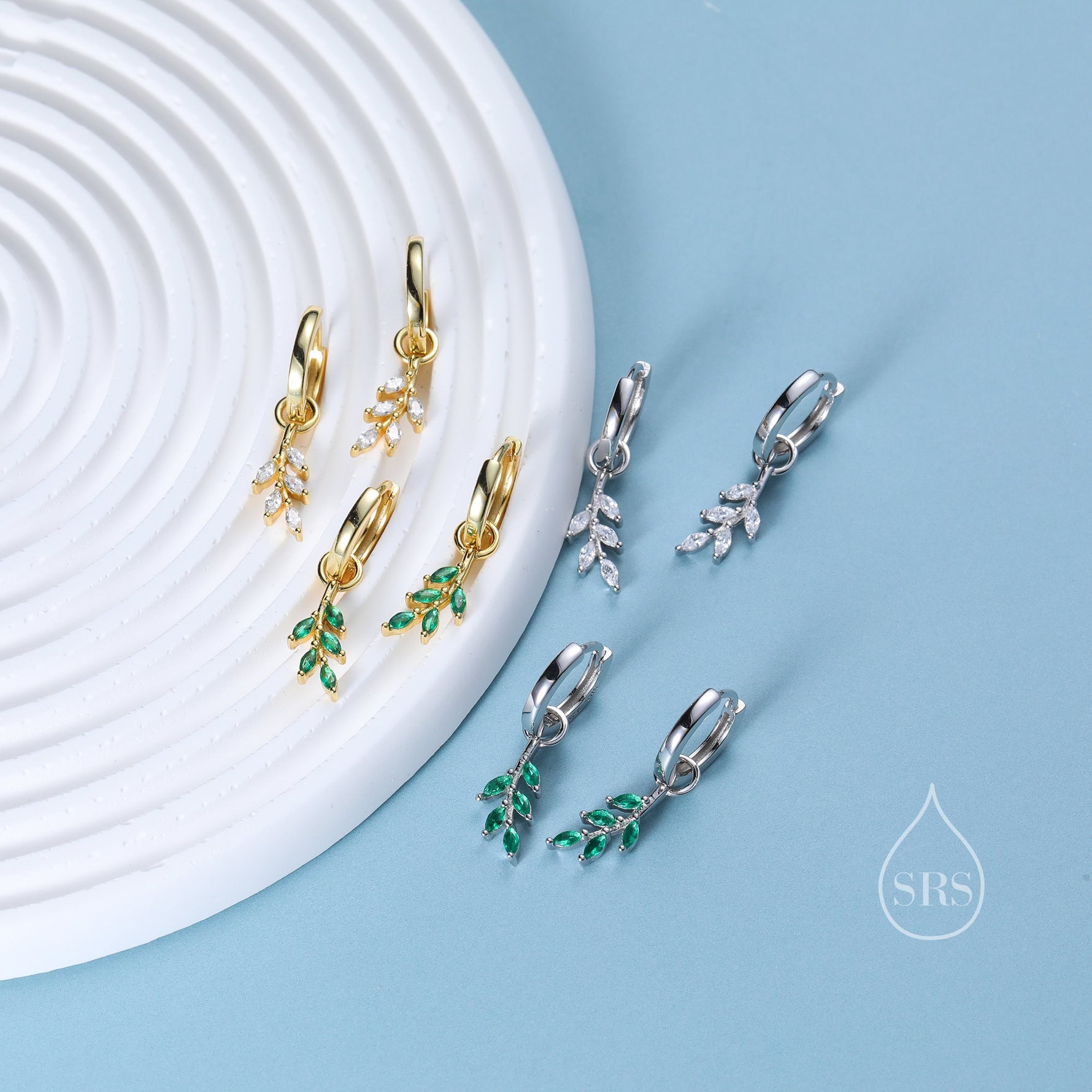 Sterling Silver Olive Leaf Huggie Hoops, Clear CZ or Green CZ, Dainty Leaf Detachable Hoops, Olive Branch Hoops