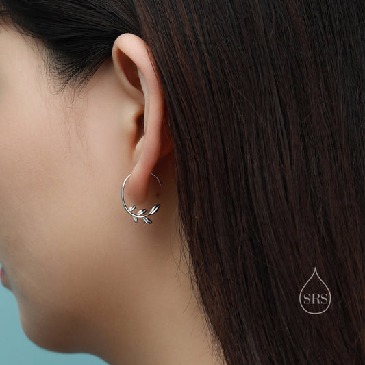 Sterling Silver Dainty Leaf Open Hoops, Delicate Olive Leaf Threader Hoops, Olive Branch Thread Through Hoops, Large Leaf Hoops