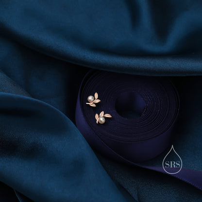 Tiny Leaf with Natural Freshwater Pearl Stud Earrings in Sterling Silver, Silver, Gold or Rose Gold, Small Olive Leaf Stud, Leaf Earrings