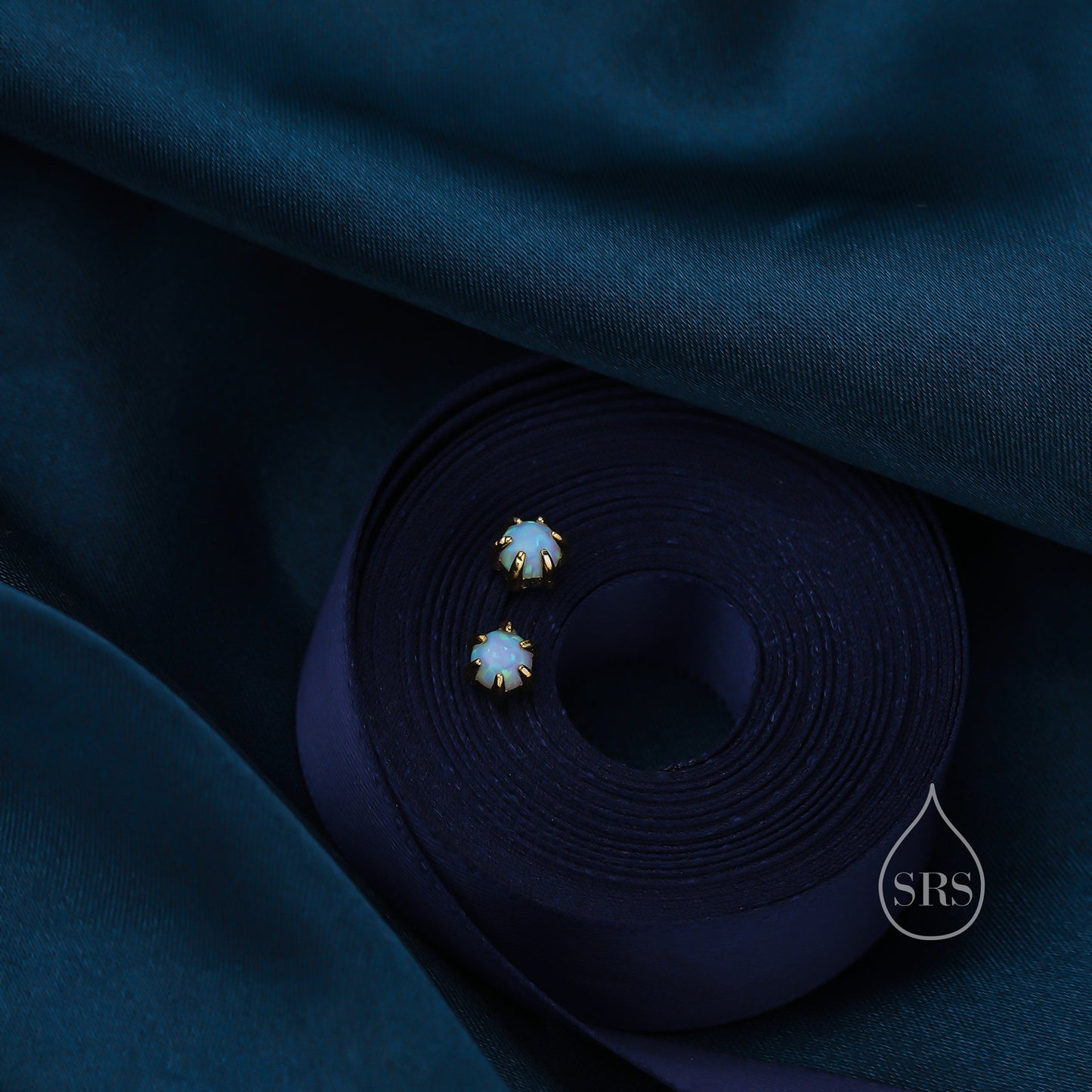 Blue Opal Long Prong Stud Earrings in Sterling Silver, Silver or Gold, 4mm Opal Stone