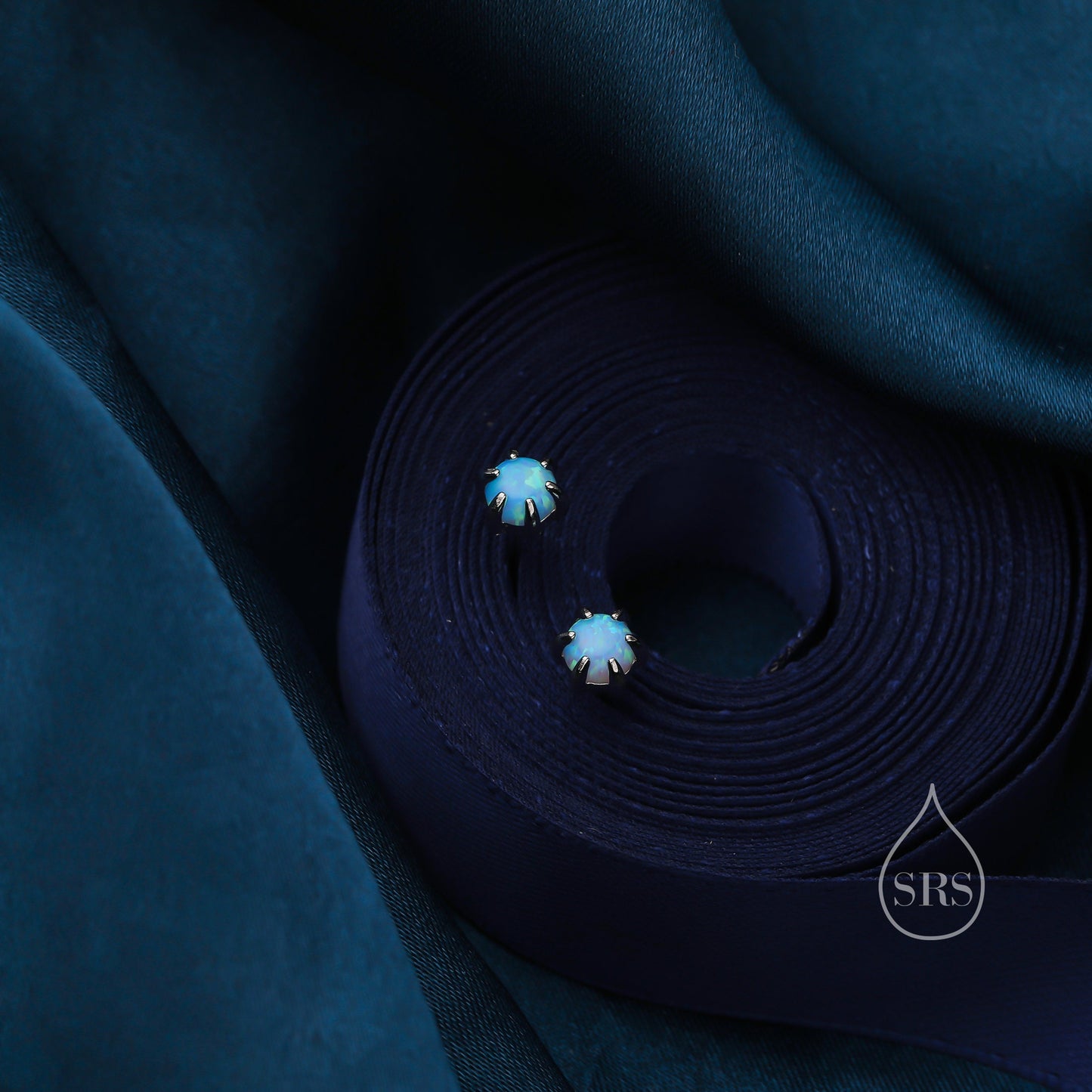 Blue Opal Long Prong Stud Earrings in Sterling Silver, Silver or Gold, 4mm Opal Stone