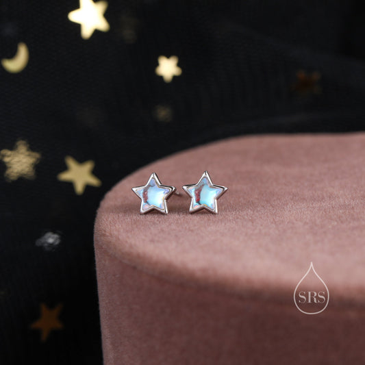 Moonstone Star Stud Earrings in Sterling Silver, Silver or Gold, Simulated Moonstone Star Hoops, Celestial Earrings, Star Earrings