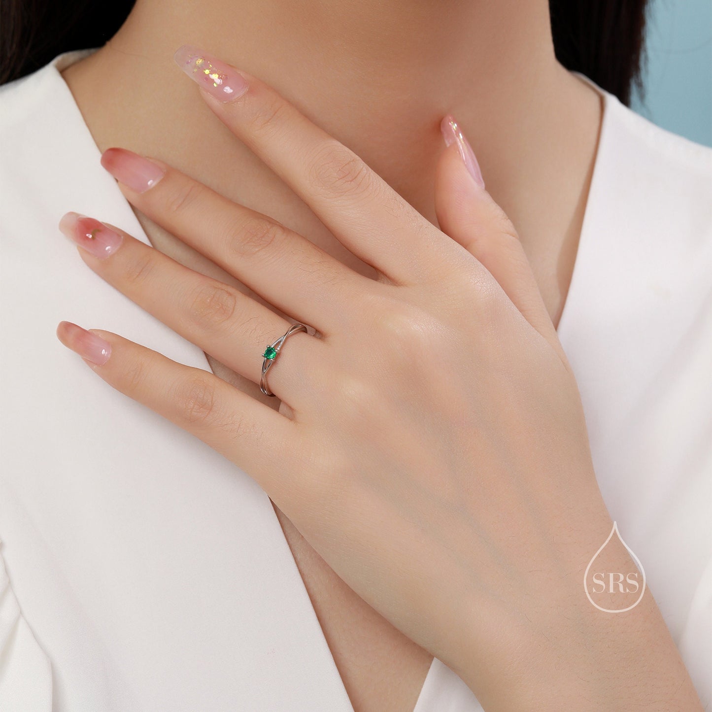 CZ Twist Ring in Sterling Silver, Adjustable Size, Silver or Gold, Emerald Green Ring, Minimalist Ring, Geometric Ring, Solid Silver Ring