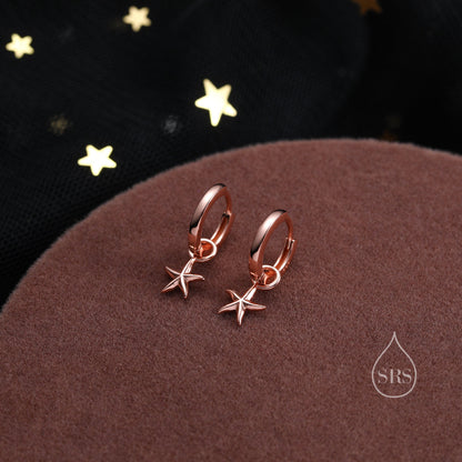 Starfish Huggie Hoop Earrings in Sterling Silver, Sea Star Huggie Hoops, Silver or Gold or Rose Gold,  Detachable Star Fish Hoops