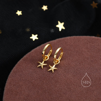 Starfish Huggie Hoop Earrings in Sterling Silver, Sea Star Huggie Hoops, Silver or Gold or Rose Gold,  Detachable Star Fish Hoops