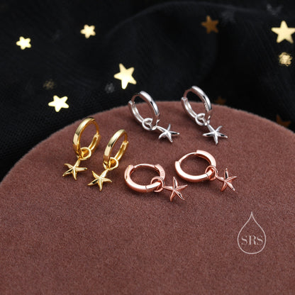 Starfish Huggie Hoop Earrings in Sterling Silver, Sea Star Huggie Hoops, Silver or Gold or Rose Gold,  Detachable Star Fish Hoops