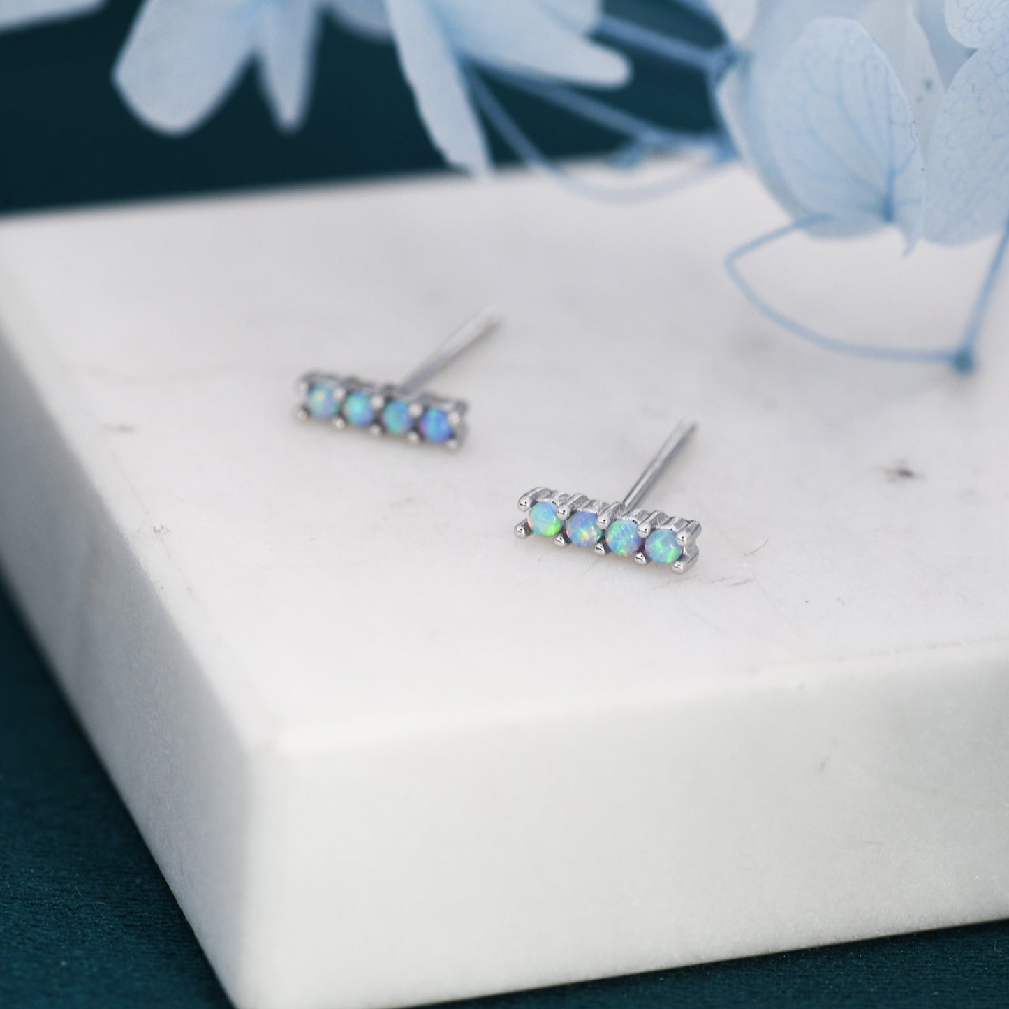 Blue Opal Bar Stud Earrings in Sterling Silver, Silver or Gold, Opal Bar Earrings, Tiny Opal Earrings, Dainty Opal Cluster Earrings