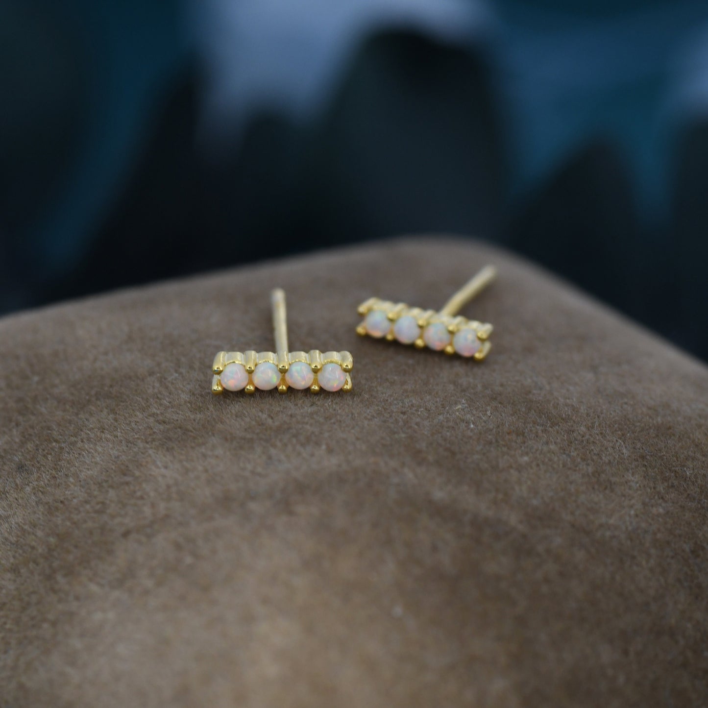White Opal Bar Stud Earrings in Sterling Silver, Silver or Gold, Opal Bar Earrings, Tiny Opal Earrings, Dainty Opal Cluster Earrings