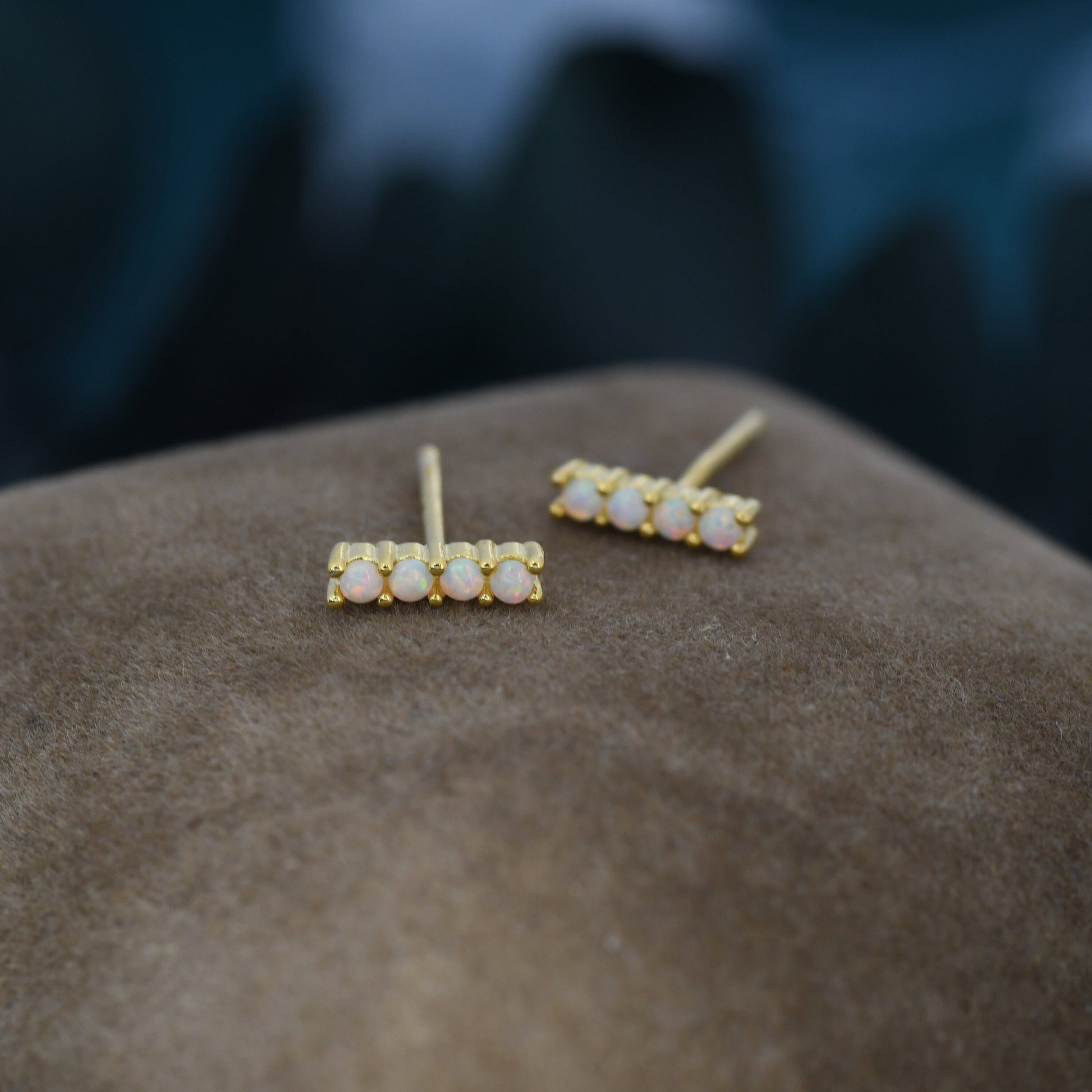 White Opal Bar Stud Earrings in Sterling Silver, Silver or Gold, Opal Bar Earrings, Tiny Opal Earrings, Dainty Opal Cluster Earrings