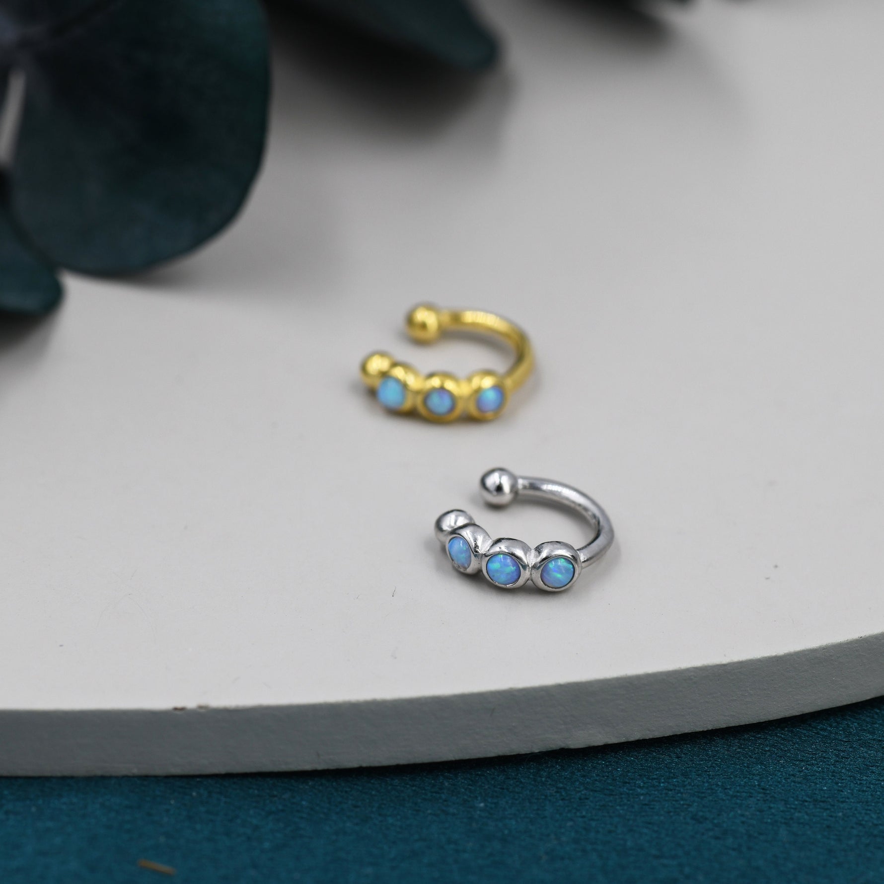 Blue Opal Ear Cuff in Sterling Silver, Silver or Gold, Simple Piercing Free Earrings, Minimalist Ear Cuff, Opal Ear Cuff