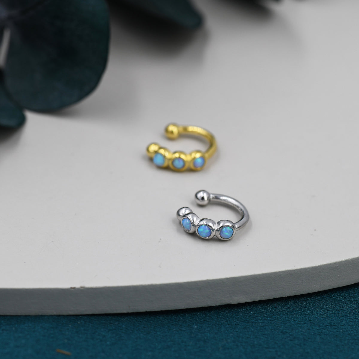 Blue Opal Ear Cuff in Sterling Silver, Silver or Gold, Simple Piercing Free Earrings, Minimalist Ear Cuff, Opal Ear Cuff
