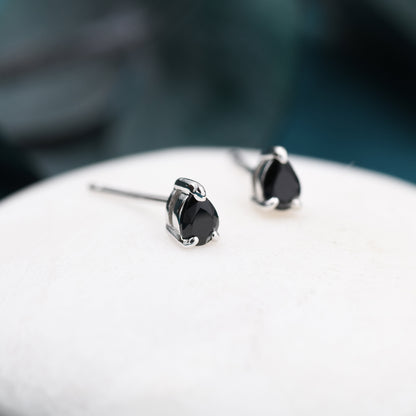 Extra Tiny Black Droplet CZ Stud Earrings in Sterling Silver, Tiny Pear Cut CZ Stud Earrings, Silver or Gold, Black Diamond Stud