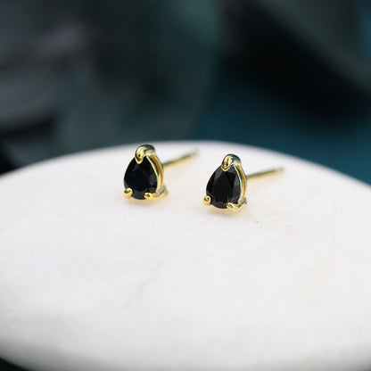 Extra Tiny Black Droplet CZ Stud Earrings in Sterling Silver, Tiny Pear Cut CZ Stud Earrings, Silver or Gold, Black Diamond Stud