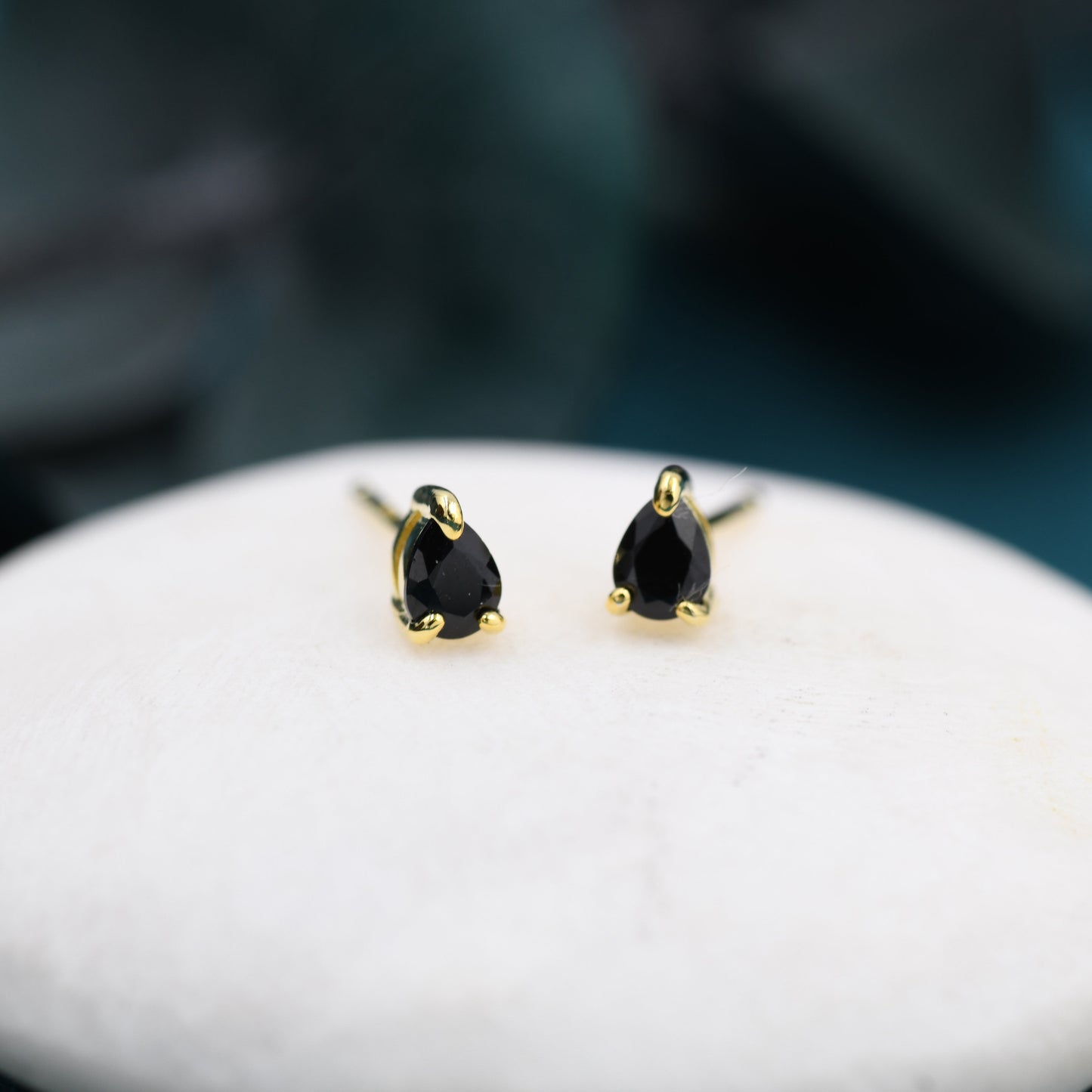 Extra Tiny Black Droplet CZ Stud Earrings in Sterling Silver, Tiny Pear Cut CZ Stud Earrings, Silver or Gold, Black Diamond Stud