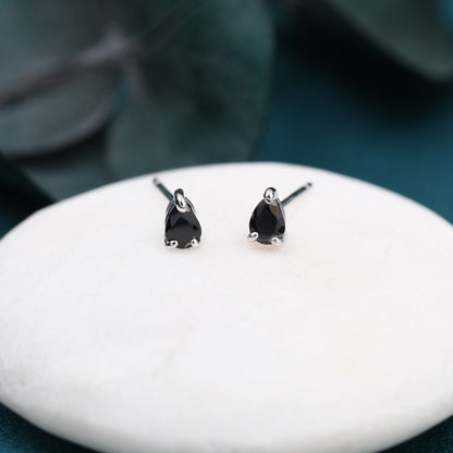 Extra Tiny Black Droplet CZ Stud Earrings in Sterling Silver, Tiny Pear Cut CZ Stud Earrings, Silver or Gold, Black Diamond Stud