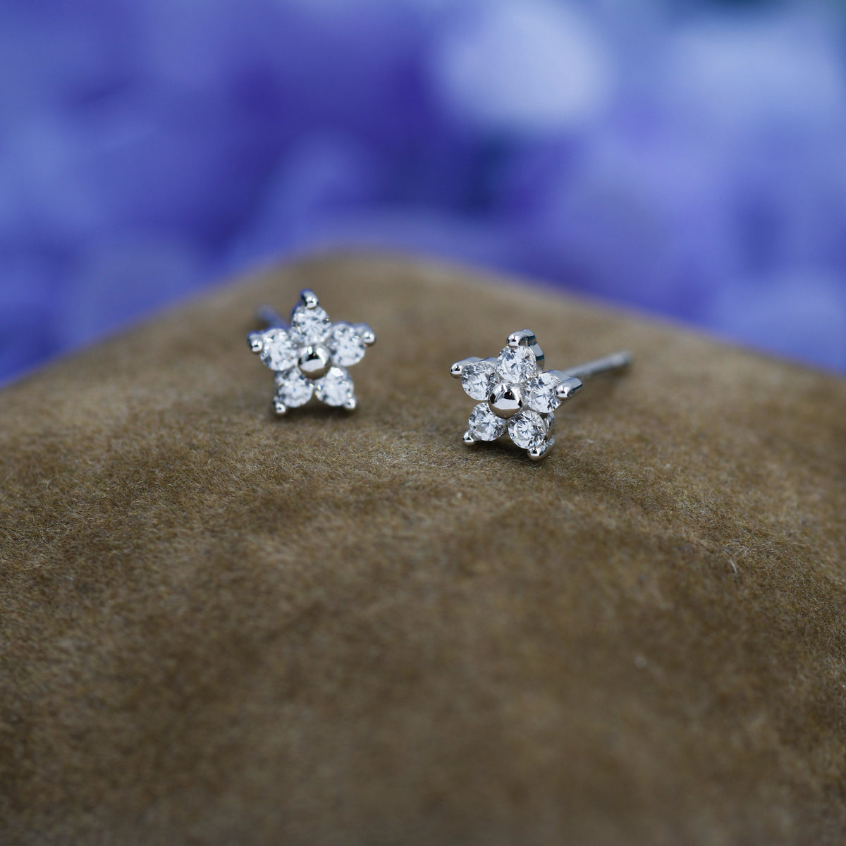 Tiny Flower CZ Stud Earrings in Sterling Silver, Forget Me Not Floral CZ Earrings, Silver, Gold and Rose Gold, Flower CZ Earrings
