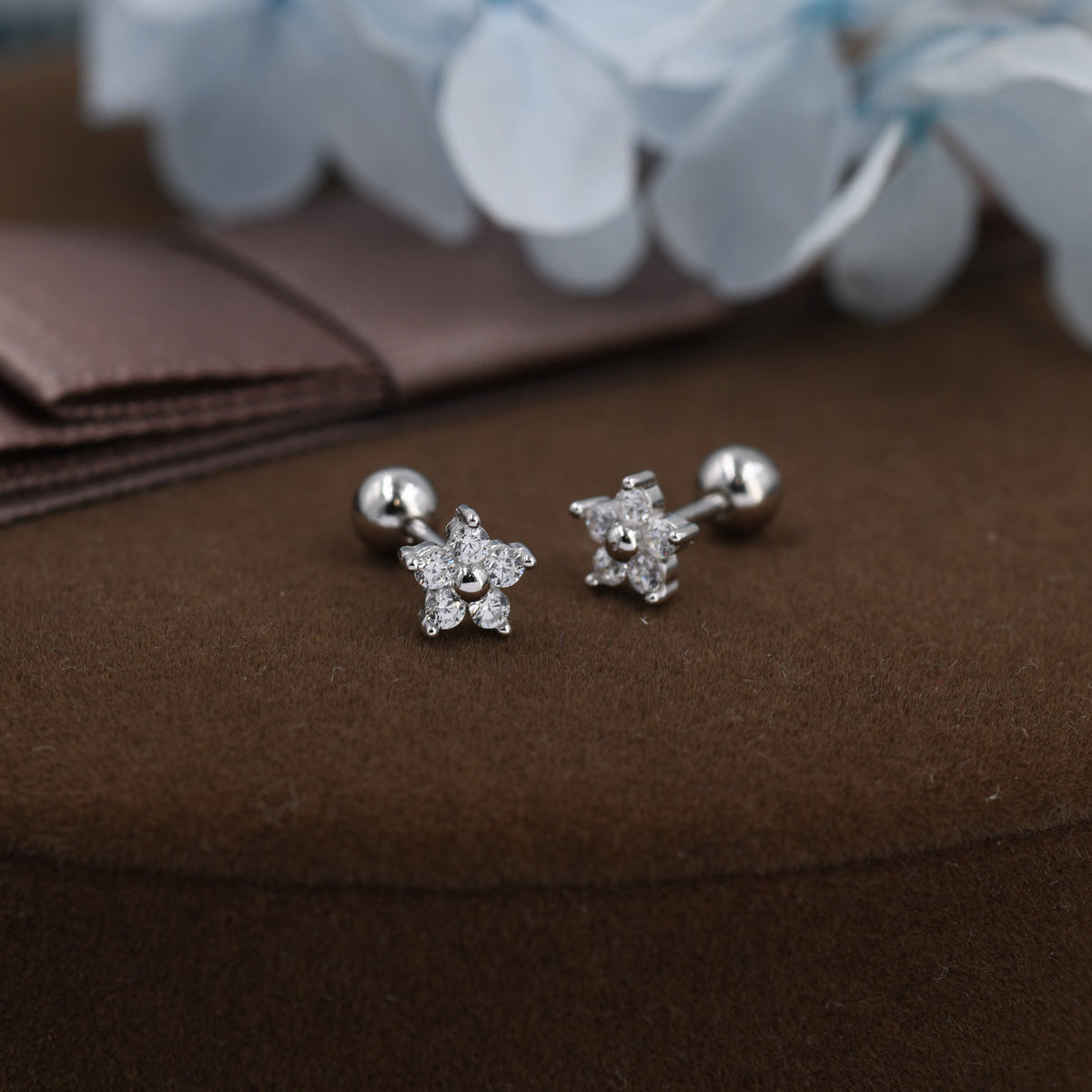 Tiny Flower CZ Screw Back Earrings in Sterling Silver, Forget Me Not Floral CZ Earrings, Silver, Gold and Rose Gold, Flower CZ Earrings