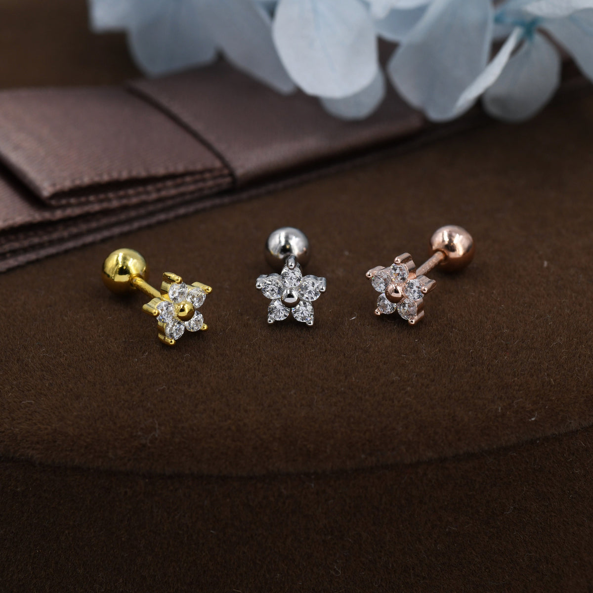 Tiny Flower CZ Screw Back Earrings in Sterling Silver, Forget Me Not Floral CZ Earrings, Silver, Gold and Rose Gold, Flower CZ Earrings