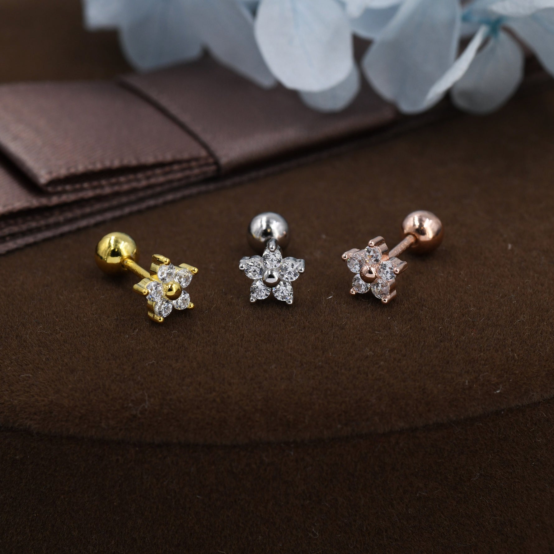 Tiny Flower CZ Screw Back Earrings in Sterling Silver, Forget Me Not Floral CZ Earrings, Silver, Gold and Rose Gold, Flower CZ Earrings