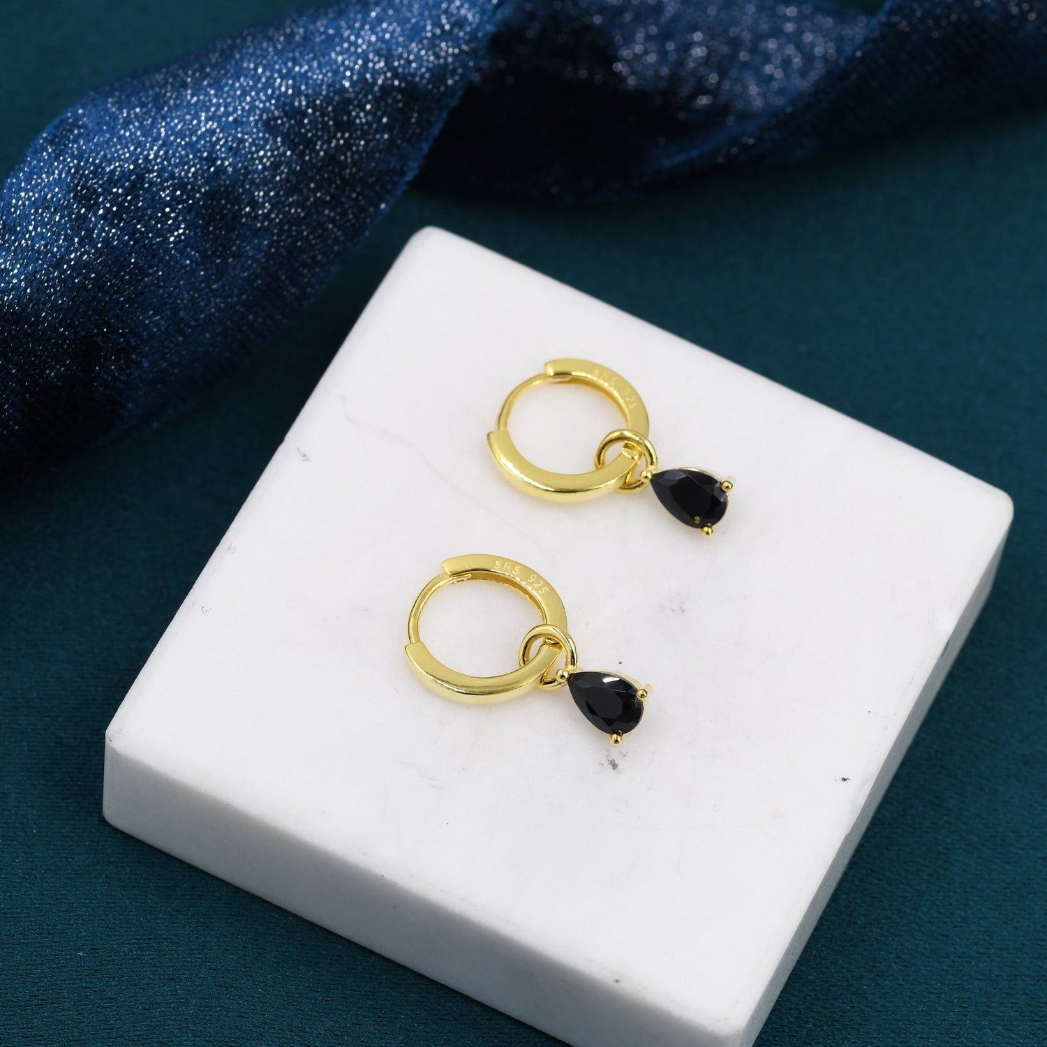 Sterling Silver Black CZ Droplet Hoop Earrings,  Silver, Gold or Rose Gold,  Pear Cut Drop Earrings,  Interchangeable Charms