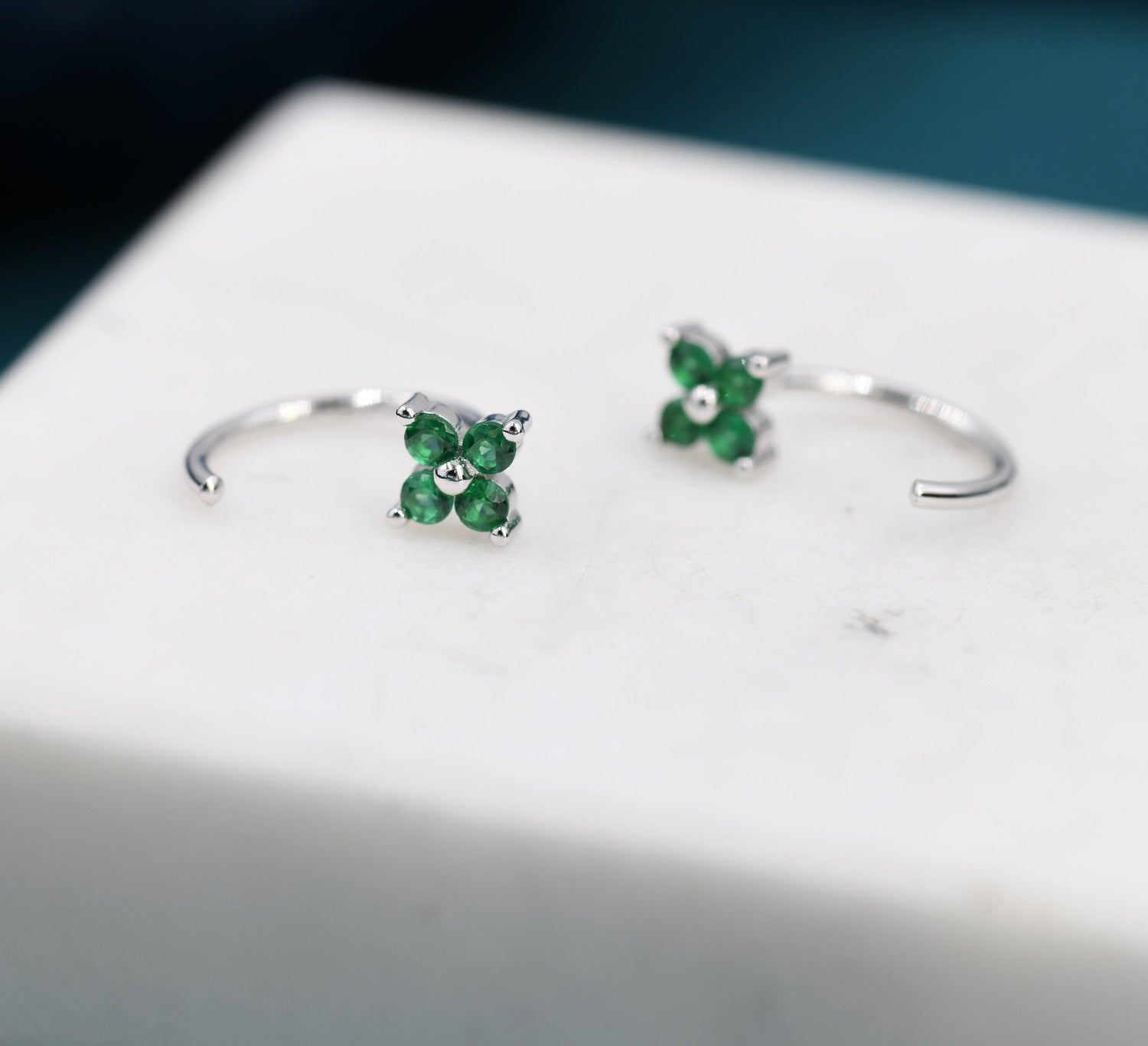 Emerald Green CZ Hydrangea Flower Huggie Hoop Earrings in Sterling Silver, Tiny Green CZ Trio Open Hoops, Pull Through Threaders, Half Hoops
