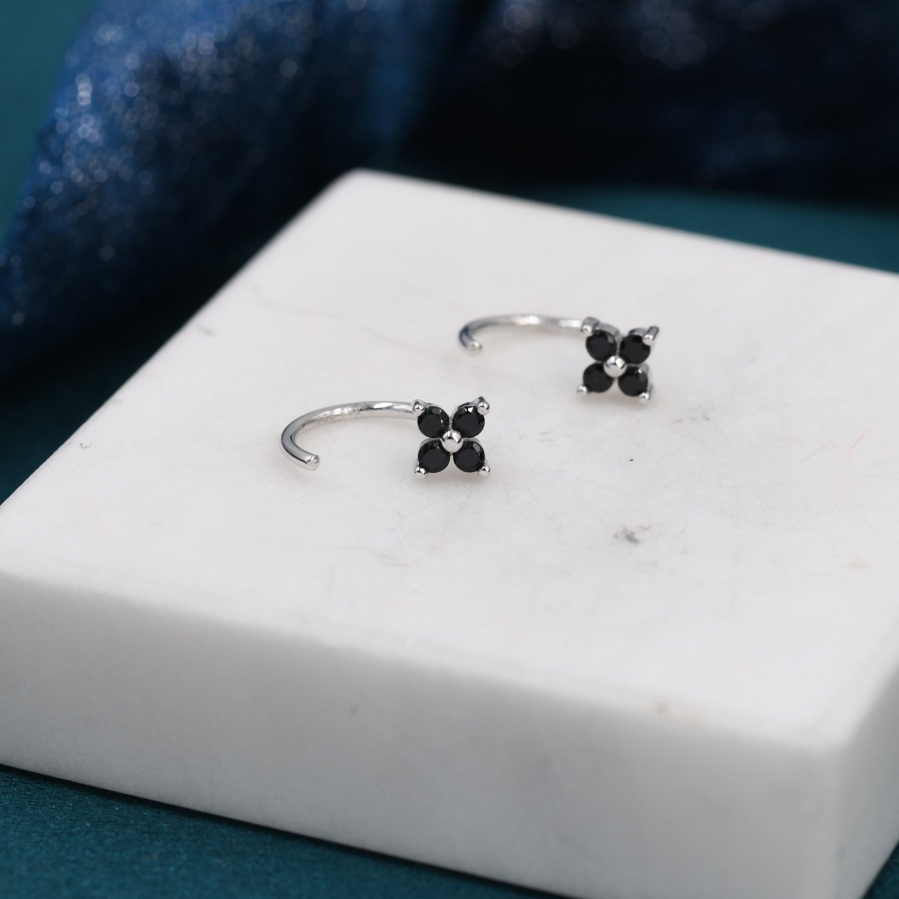 Black CZ Hydrangea Flower Huggie Hoop Earrings in Sterling Silver, Tiny Black CZ Trio Open Hoops, Pull Through Threaders, Half Hoops