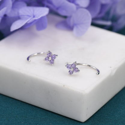 Amethyst Purple CZ Hydrangea Flower Huggie Hoop Earrings in Sterling Silver, Tiny CZ Trio Open Hoops, Pull Through Threaders, Half Hoops