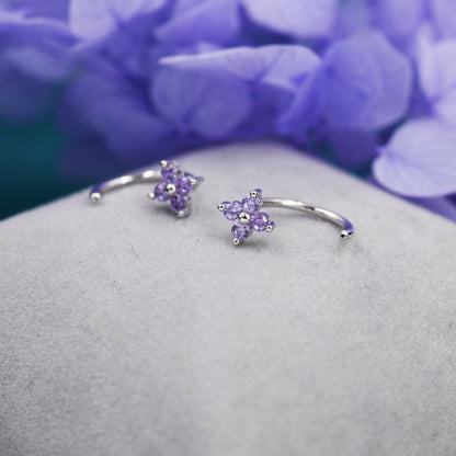 Amethyst Purple CZ Hydrangea Flower Huggie Hoop Earrings in Sterling Silver, Tiny CZ Trio Open Hoops, Pull Through Threaders, Half Hoops