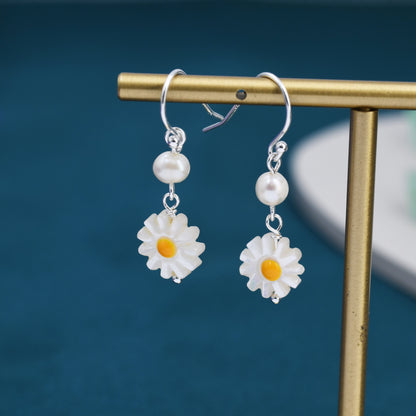 Natural Carved Mother of Pearl Daisy Dangle Drop Earrings in Sterling Silver, With Natural pearl bead, Daisy Drop Earrings