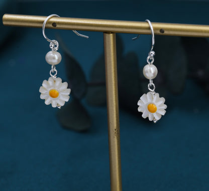 Natural Carved Mother of Pearl Daisy Dangle Drop Earrings in Sterling Silver, With Natural pearl bead, Daisy Drop Earrings