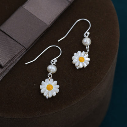 Natural Carved Mother of Pearl Daisy Dangle Drop Earrings in Sterling Silver, With Natural pearl bead, Daisy Drop Earrings