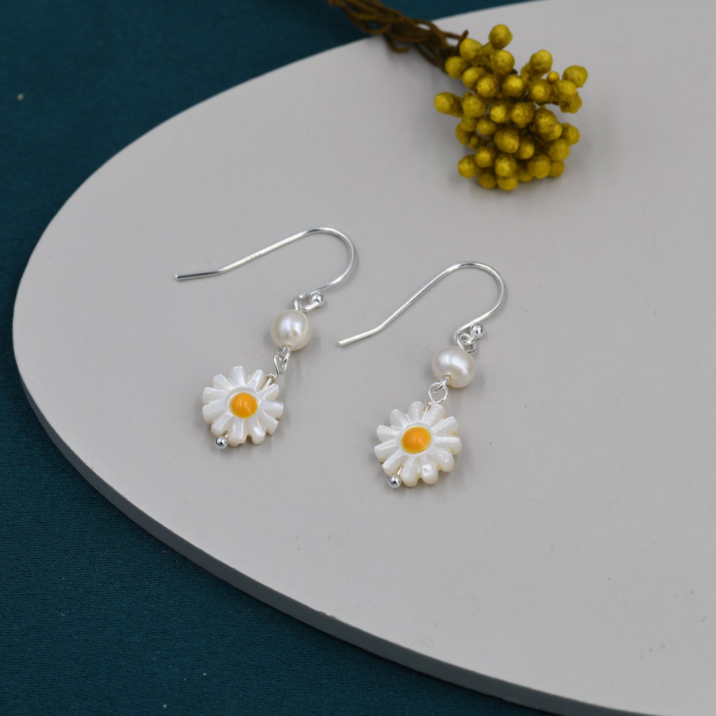 Natural Carved Mother of Pearl Daisy Dangle Drop Earrings in Sterling Silver, With Natural pearl bead, Daisy Drop Earrings