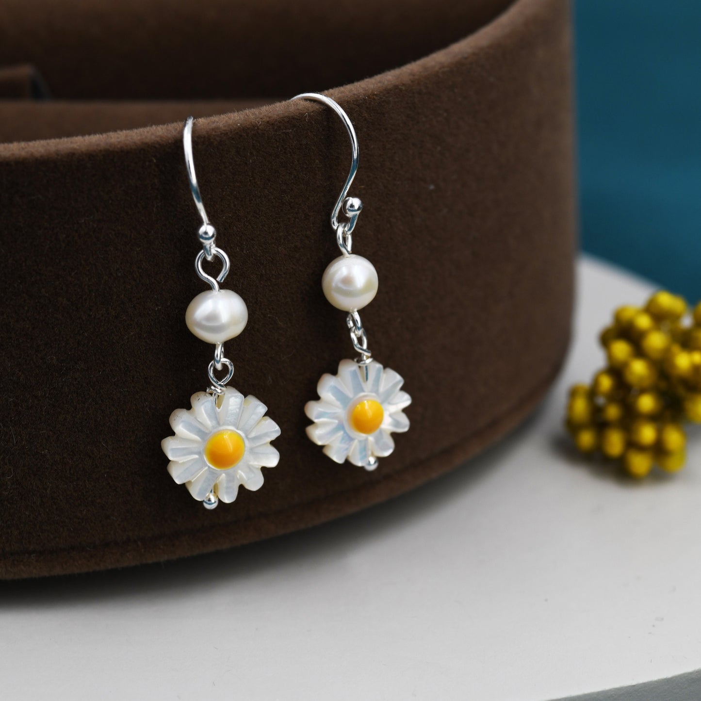 Natural Carved Mother of Pearl Daisy Dangle Drop Earrings in Sterling Silver, With Natural pearl bead, Daisy Drop Earrings