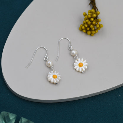 Natural Carved Mother of Pearl Daisy Dangle Drop Earrings in Sterling Silver, With Natural pearl bead, Daisy Drop Earrings