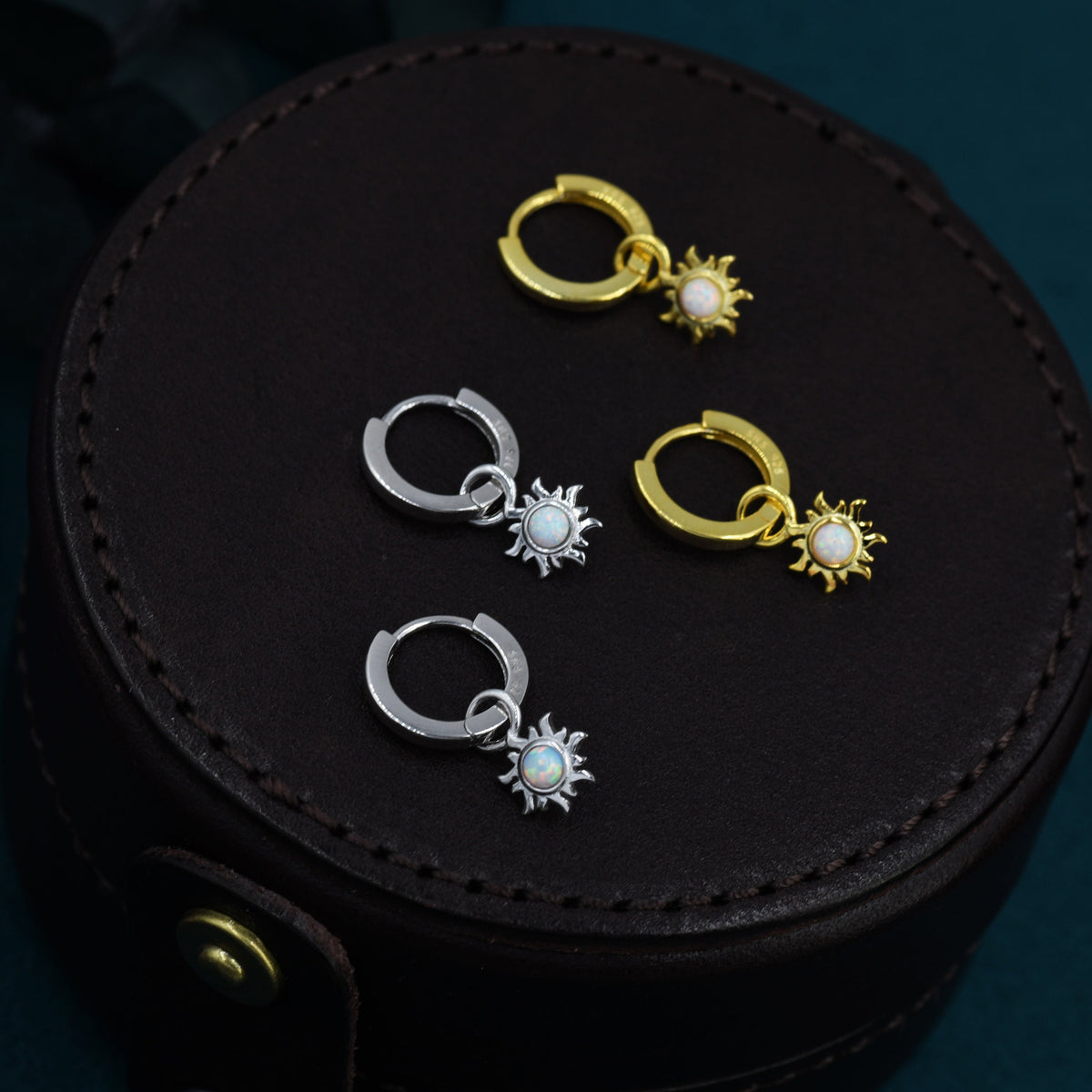 White Opal Sun Dangle Huggie Hoop Earrings in Sterling Silver, Silver or Gold, Sun Earrings, Celestial Earrings, Detachable Fire Opal Sun