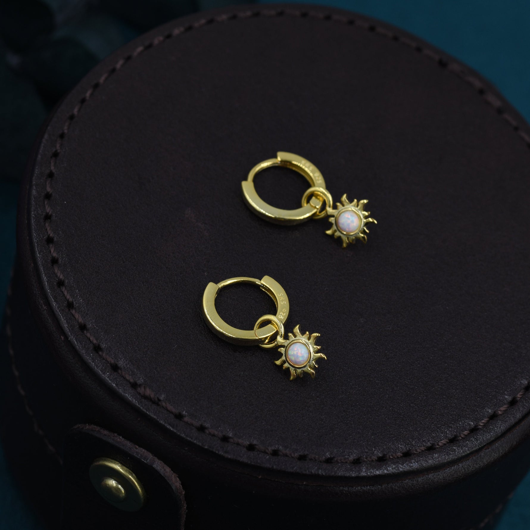 White Opal Sun Dangle Huggie Hoop Earrings in Sterling Silver, Silver or Gold, Sun Earrings, Celestial Earrings, Detachable Fire Opal Sun